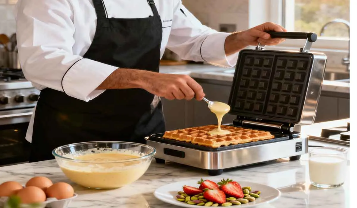 آموزش تصویری طرز استفاده از وافل ساز برای پخت وافل طلایی و ترد